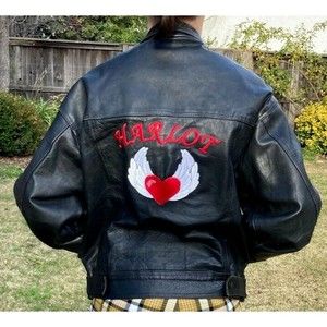 Vintage Biker Jacket Black Leather Winged Heart Harlet Women's Large Novelty